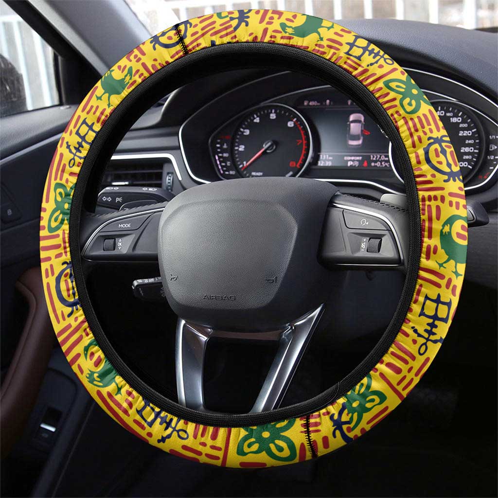 Ghana Football Steering Wheel Cover Yellow Adinkra Pattern - Wonder Print Shop