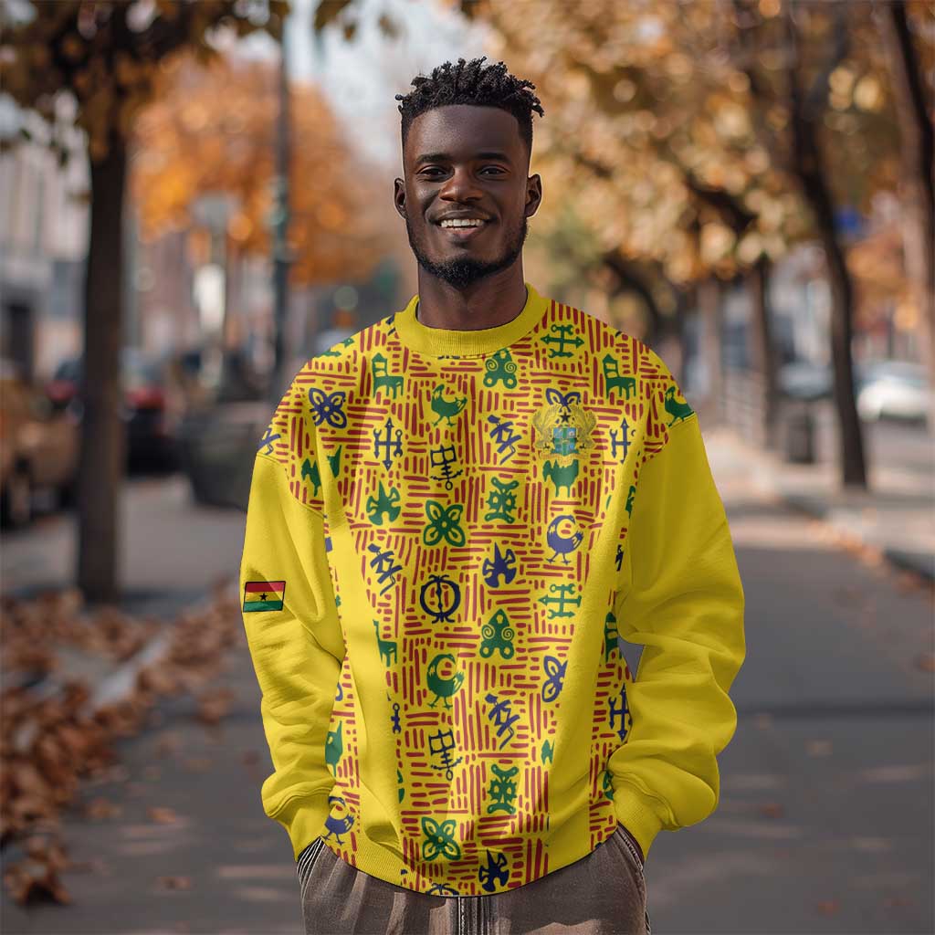 Custom Ghana Football Sweatshirt Yellow Adinkra Pattern - Wonder Print Shop