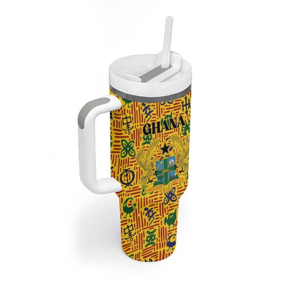 Custom Ghana Football Tumbler With Handle Yellow Adinkra Pattern - Wonder Print Shop