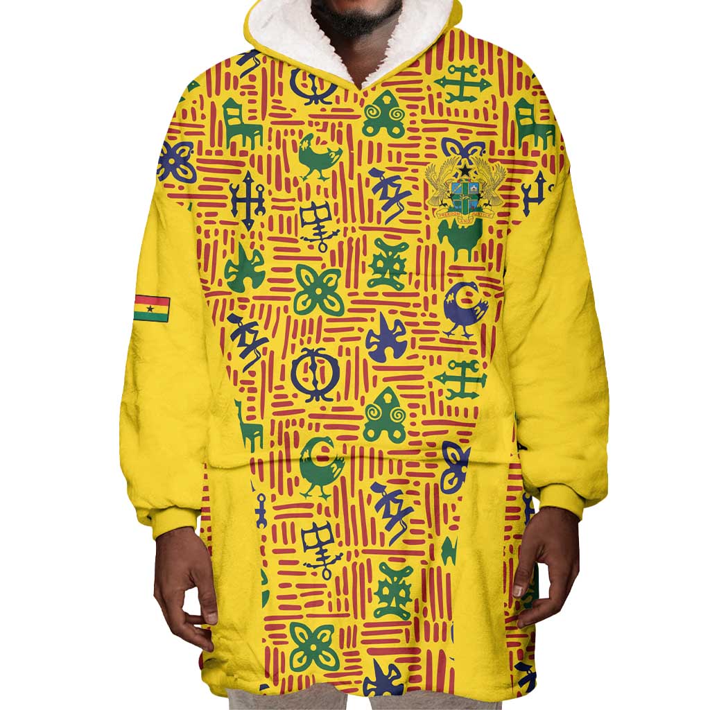 Custom Ghana Football Wearable Blanket Hoodie Yellow Adinkra Pattern - Wonder Print Shop