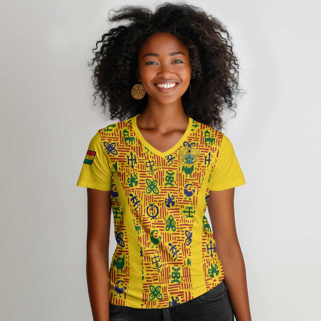 Custom Ghana Football Women V-Neck T-Shirt Yellow Adinkra Pattern LT15