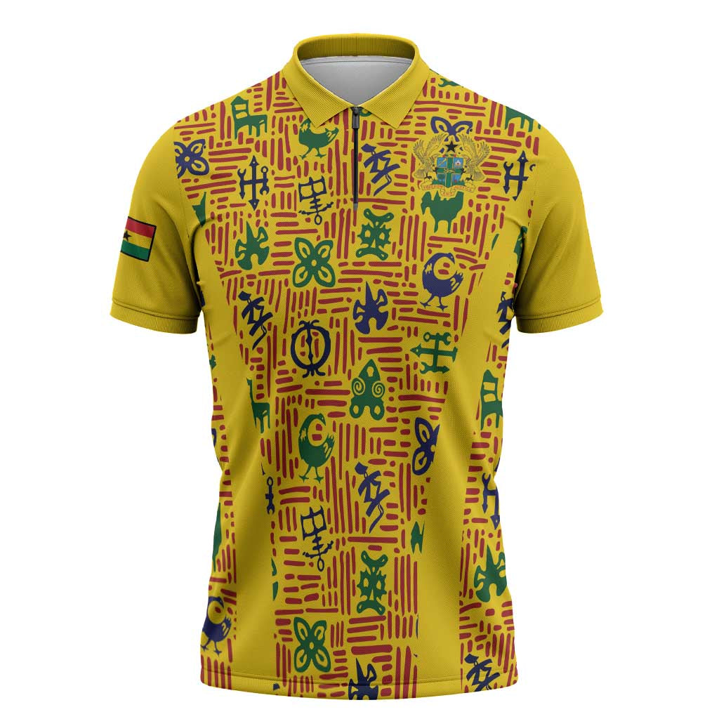 Custom Ghana Football Zipper Polo Shirt Yellow Adinkra Pattern - Wonder Print Shop