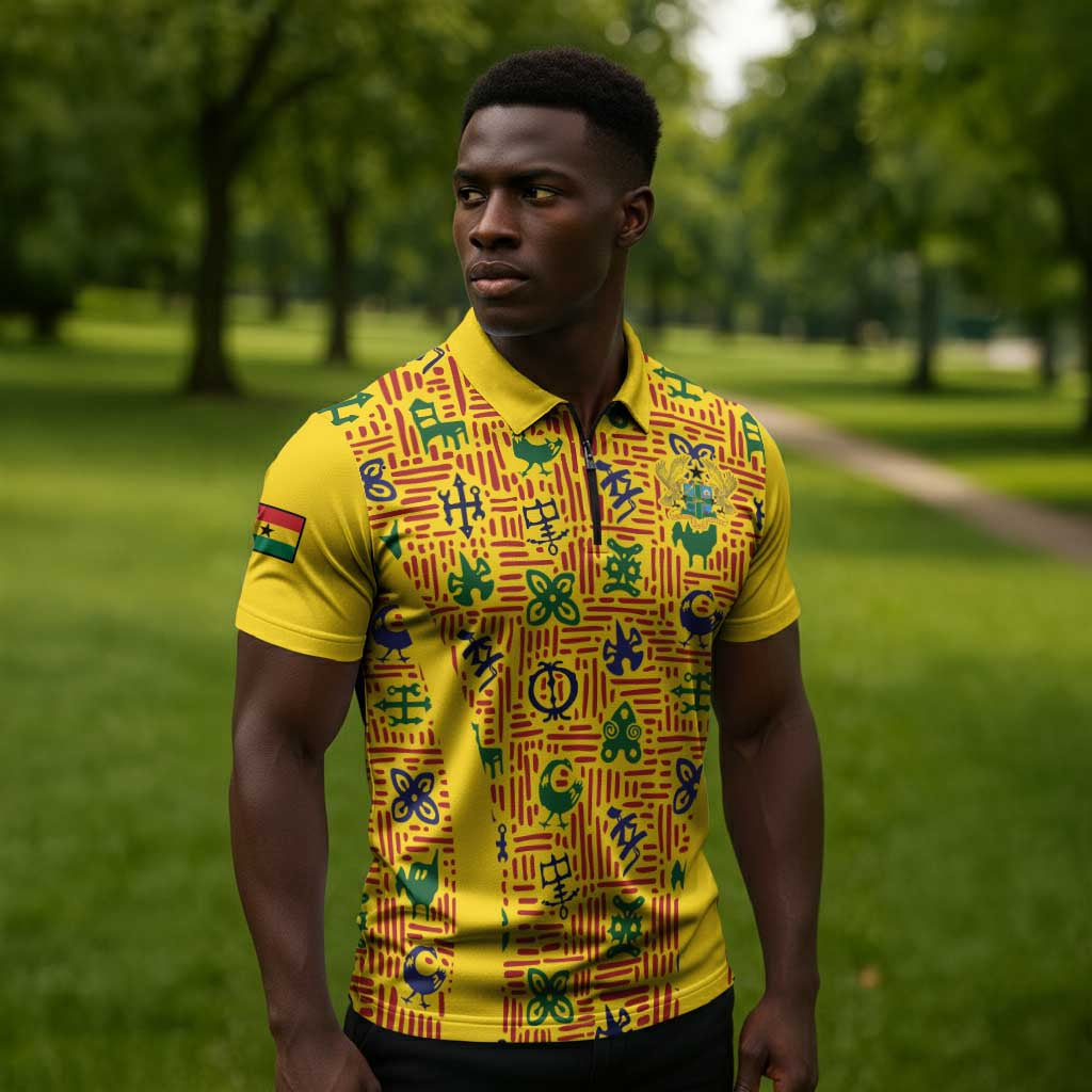 Custom Ghana Football Zipper Polo Shirt Yellow Adinkra Pattern - Wonder Print Shop