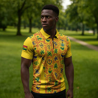 Custom Ghana Football Zipper Polo Shirt Yellow Adinkra Pattern - Wonder Print Shop