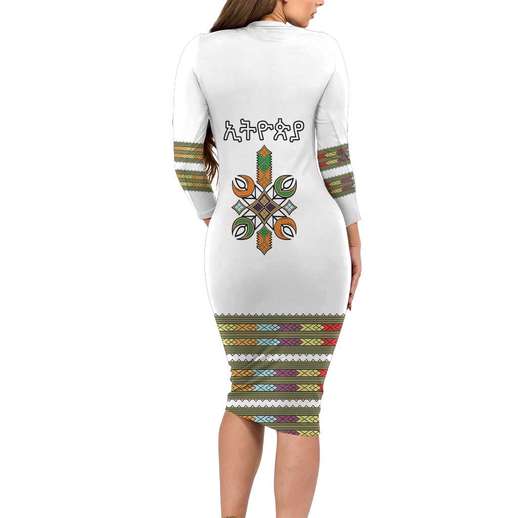 Ethiopian Traditional Habesha Costume Long Sleeve Bodycon Dress Cross With Tilet Pattern