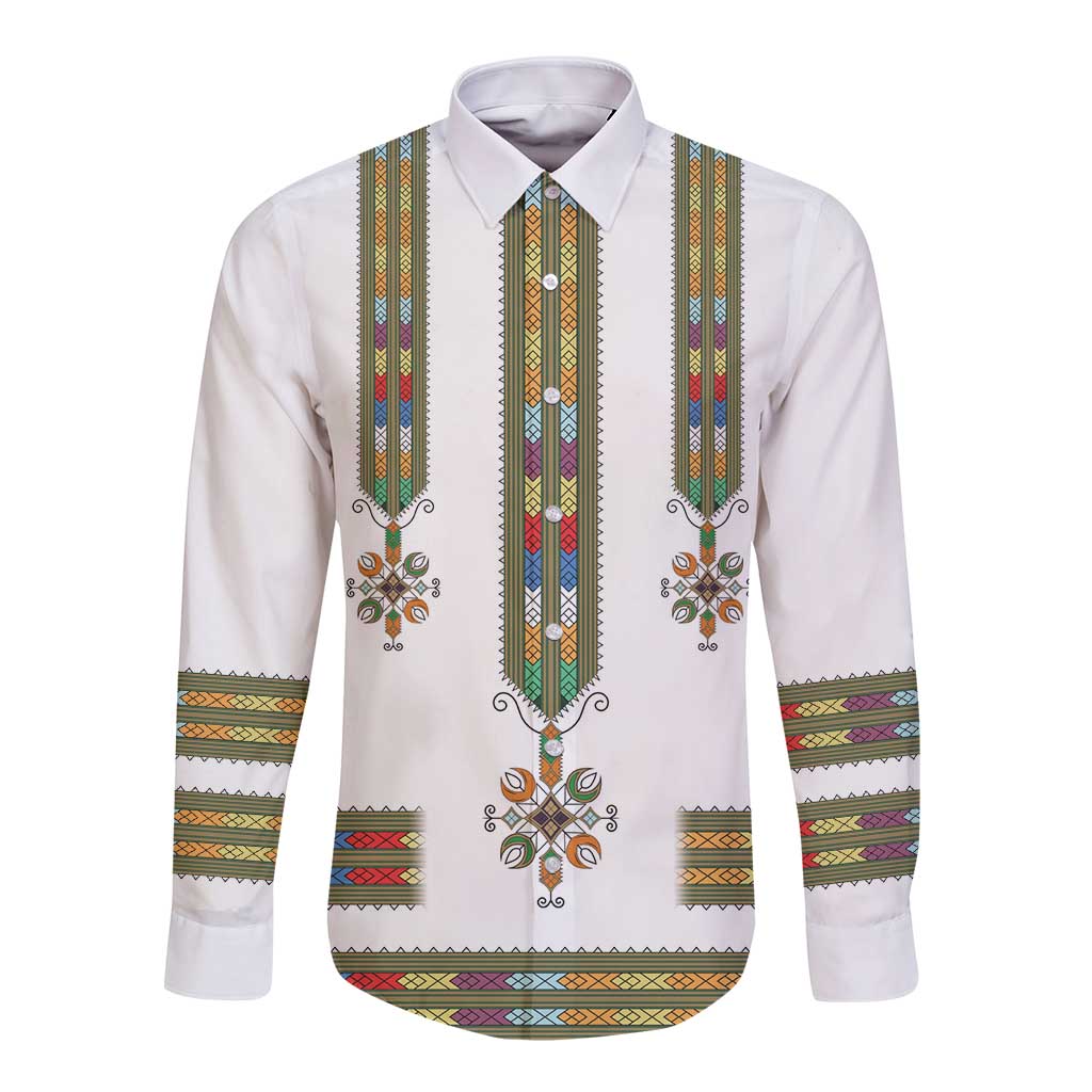 Ethiopian Traditional Habesha Costume Long Sleeve Button Shirt Cross With Tilet Pattern