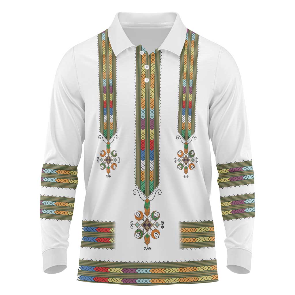Ethiopian Traditional Habesha Costume Long Sleeve Polo Shirt Cross With Tilet Pattern