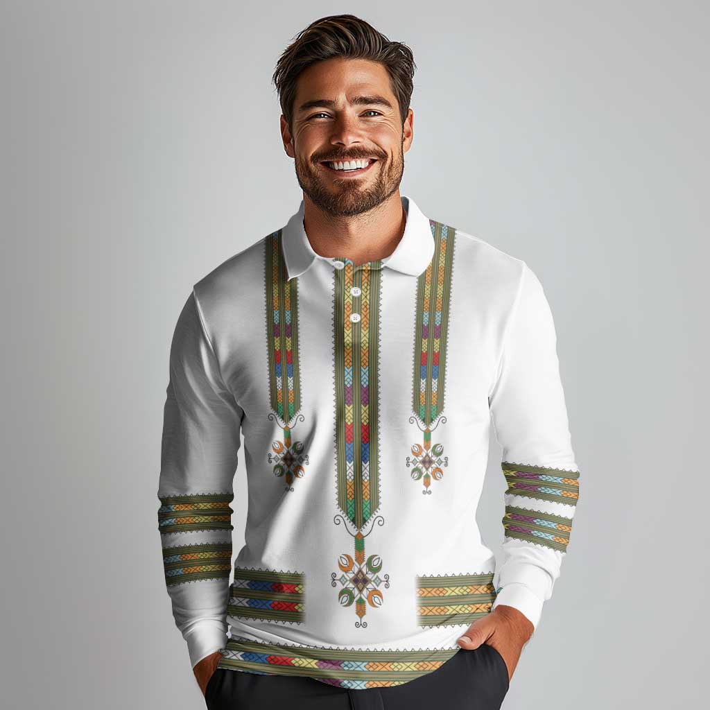 Ethiopian Traditional Habesha Costume Long Sleeve Polo Shirt Cross With Tilet Pattern
