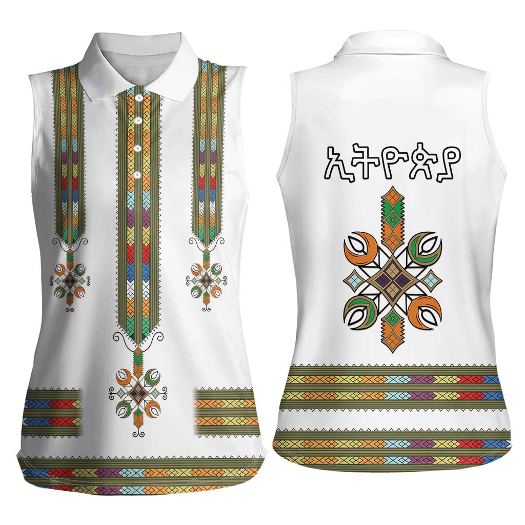 Ethiopian Traditional Habesha Costume Women Sleeveless Polo Shirt Cross With Tilet Pattern