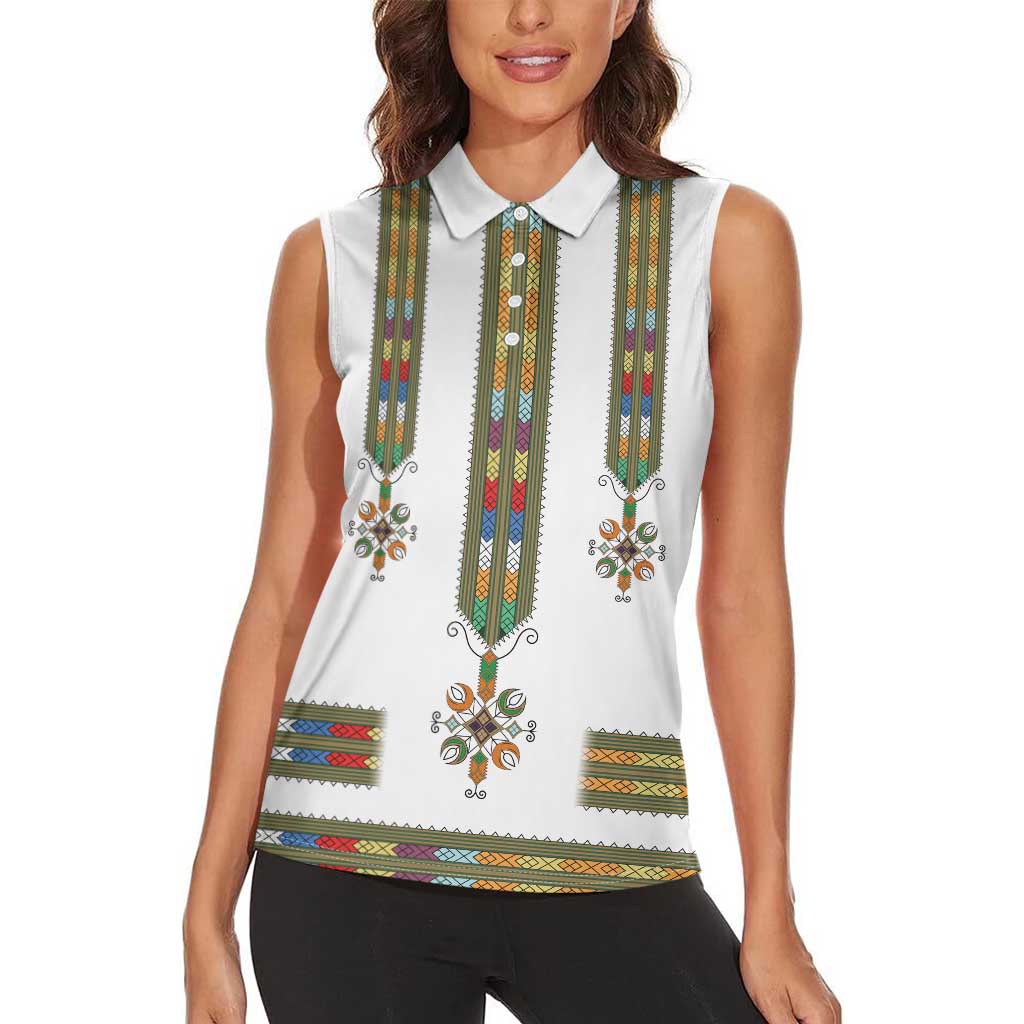 Ethiopian Traditional Habesha Costume Women Sleeveless Polo Shirt Cross With Tilet Pattern