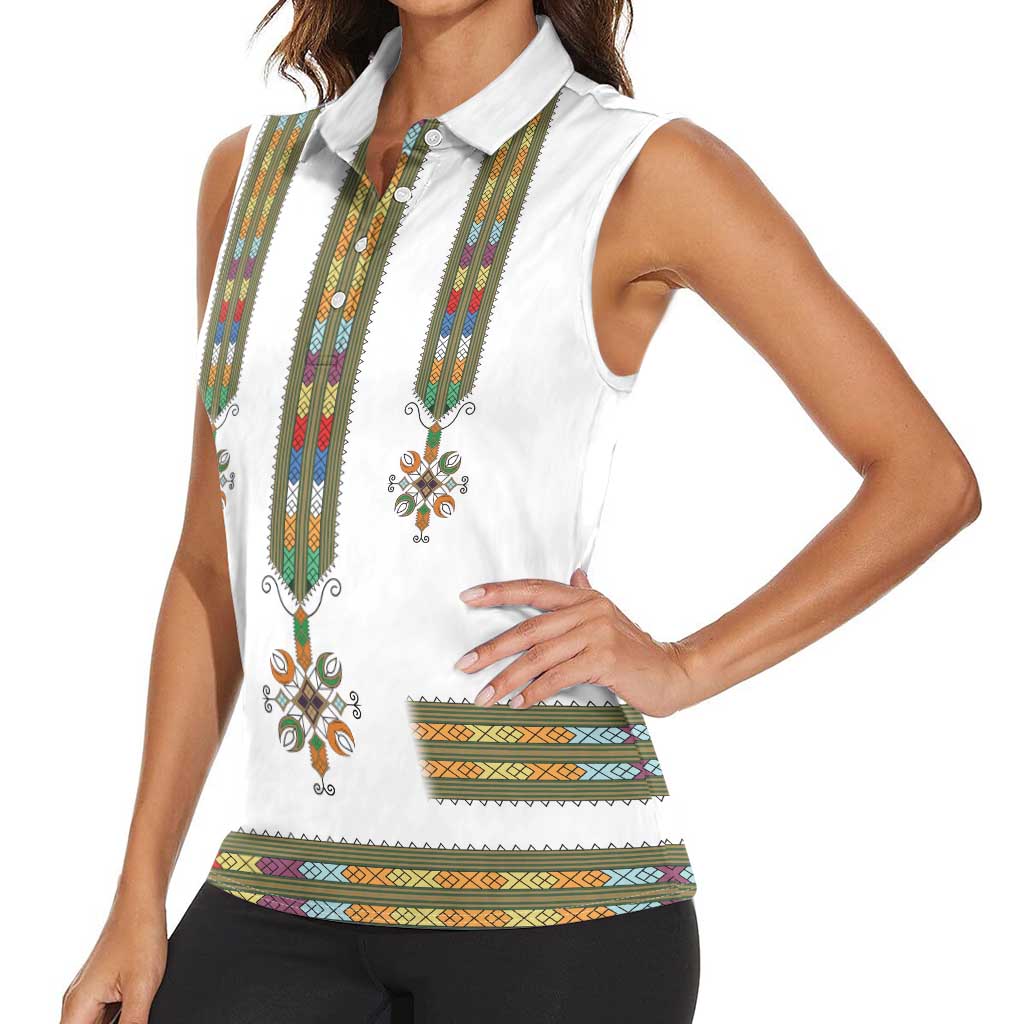 Ethiopian Traditional Habesha Costume Women Sleeveless Polo Shirt Cross With Tilet Pattern