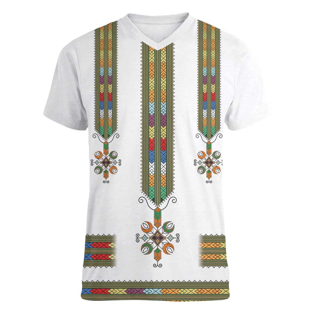 Ethiopian Traditional Habesha Costume Women V-Neck T-Shirt Cross With Tilet Pattern