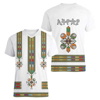 Ethiopian Traditional Habesha Costume Women V-Neck T-Shirt Cross With Tilet Pattern
