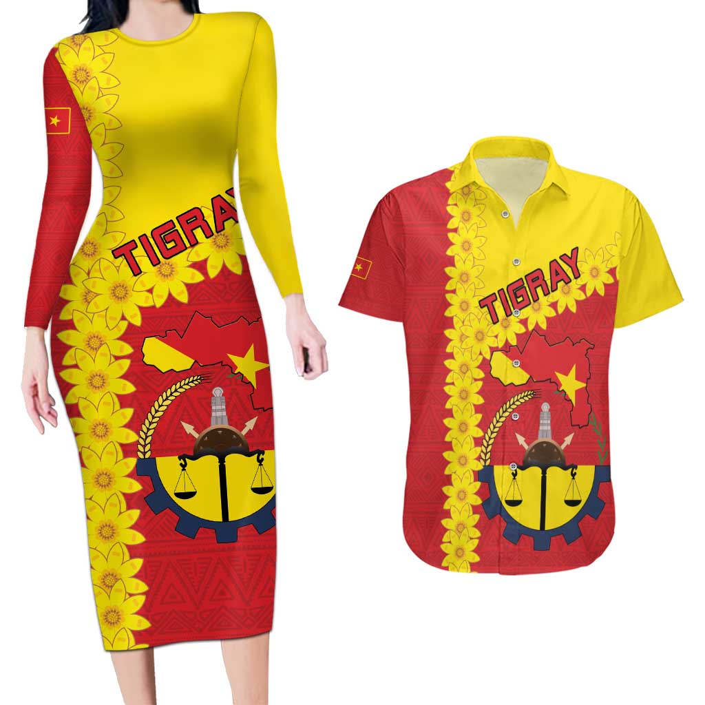 Tigray Region Couples Matching Long Sleeve Bodycon Dress and Hawaiian Shirt Tigray Emblem With Flag Map