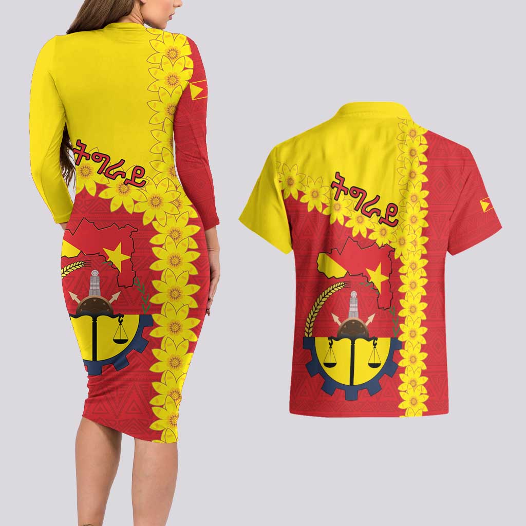 Tigray Region Couples Matching Long Sleeve Bodycon Dress and Hawaiian Shirt Tigray Emblem With Flag Map