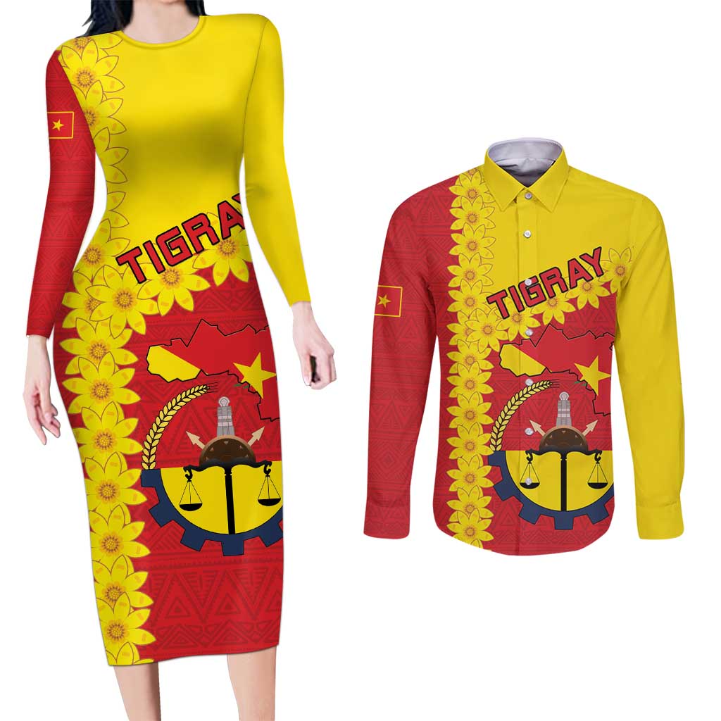 Tigray Region Couples Matching Long Sleeve Bodycon Dress and Long Sleeve Button Shirt Tigray Emblem With Flag Map