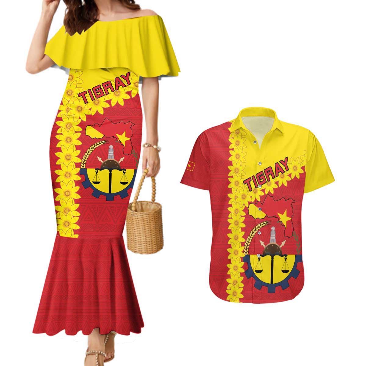 Tigray Region Couples Matching Mermaid Dress and Hawaiian Shirt Tigray Emblem With Flag Map