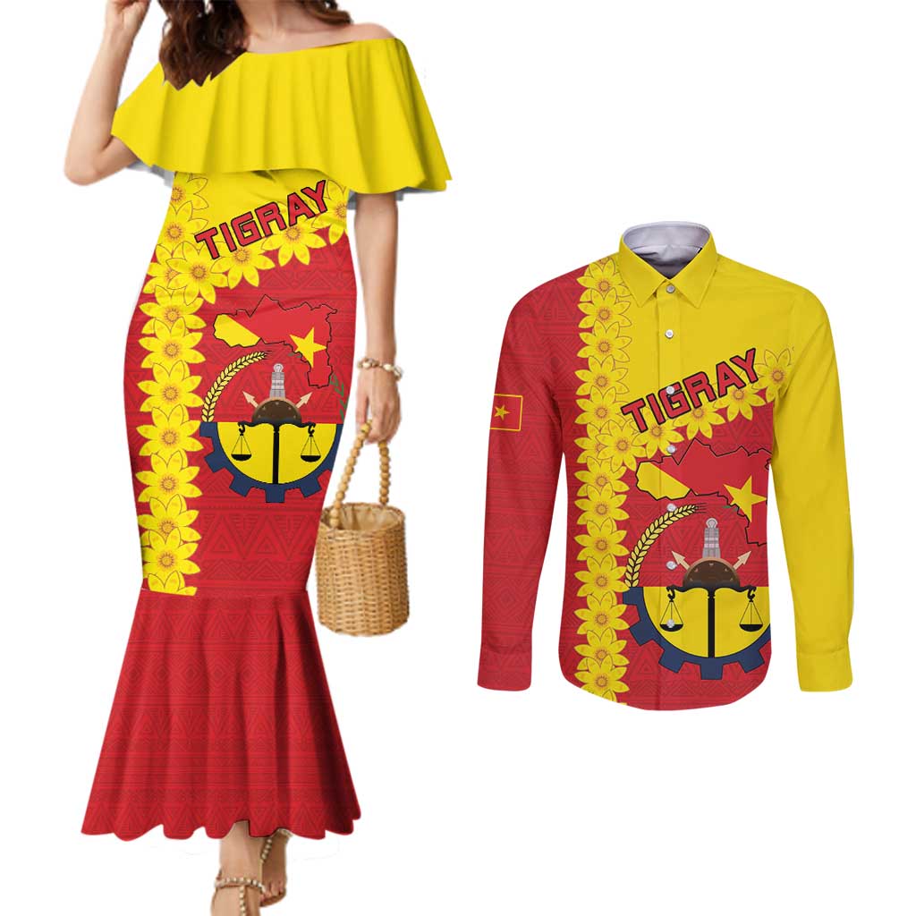 Tigray Region Couples Matching Mermaid Dress and Long Sleeve Button Shirt Tigray Emblem With Flag Map