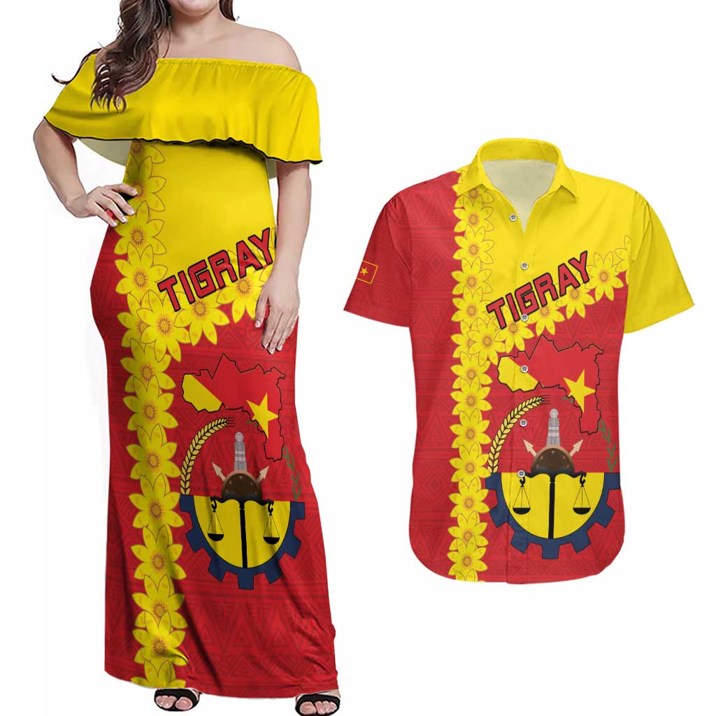 Tigray Region Couples Matching Off Shoulder Maxi Dress and Hawaiian Shirt Tigray Emblem With Flag Map
