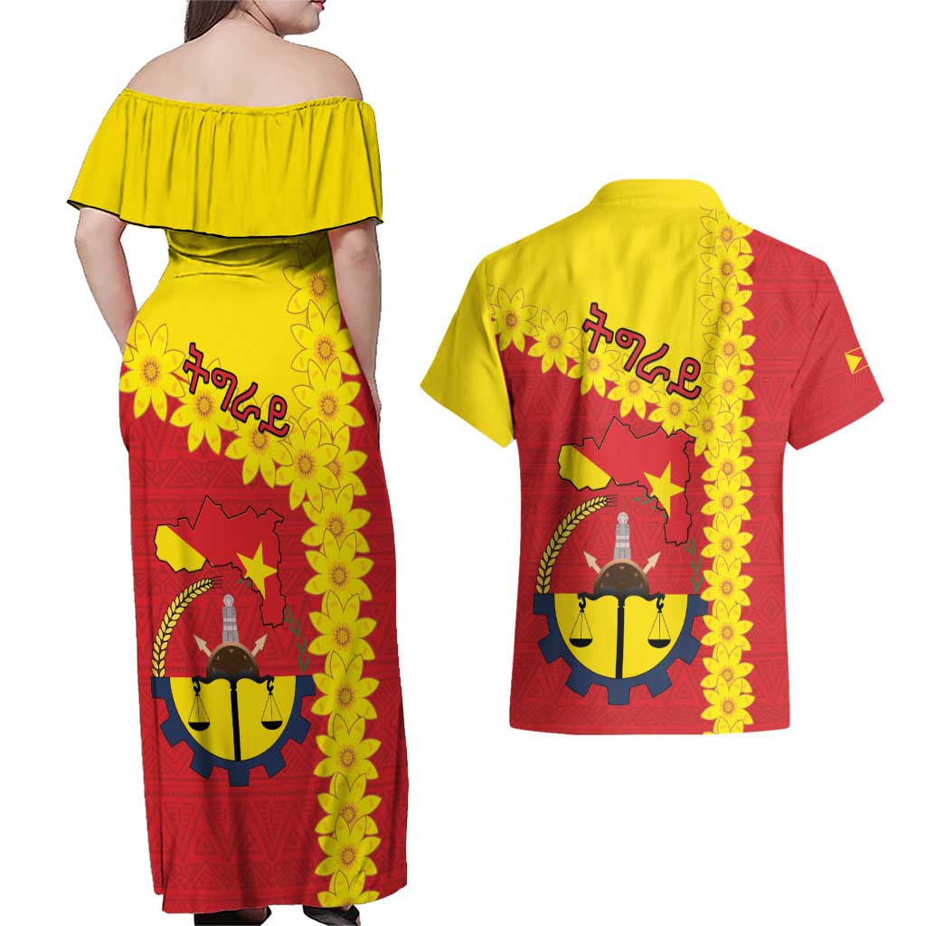Tigray Region Couples Matching Off Shoulder Maxi Dress and Hawaiian Shirt Tigray Emblem With Flag Map