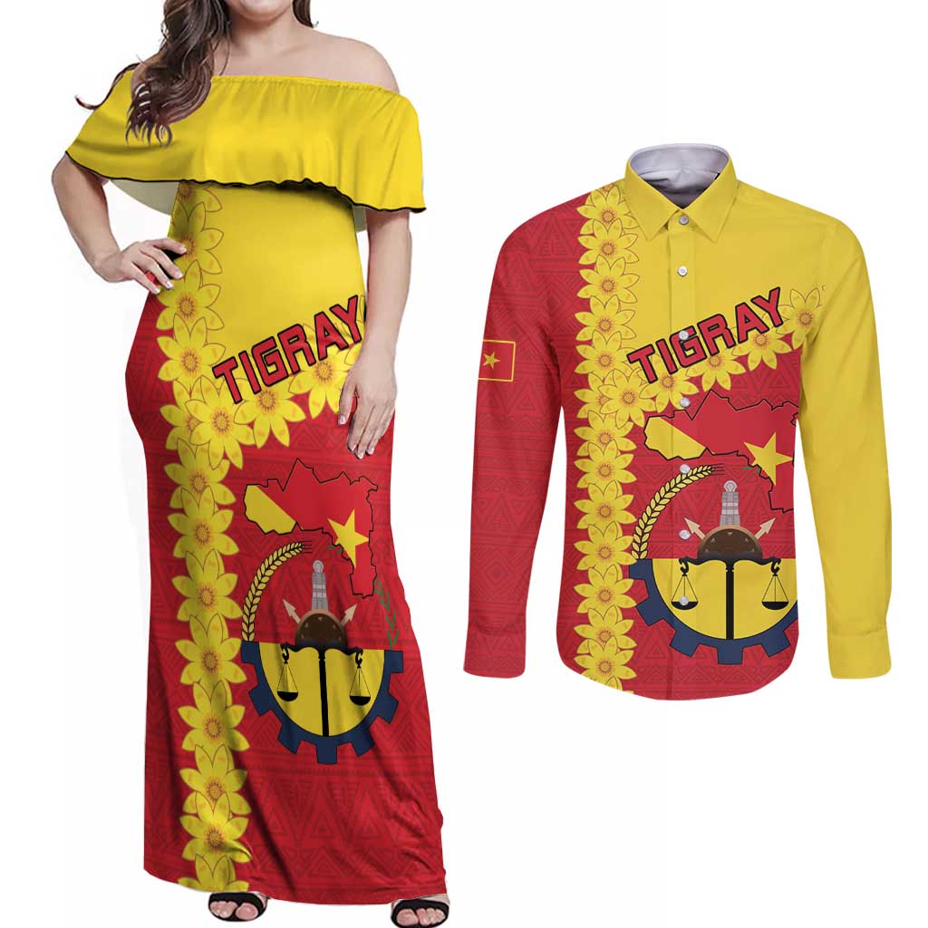 Tigray Region Couples Matching Off Shoulder Maxi Dress and Long Sleeve Button Shirt Tigray Emblem With Flag Map