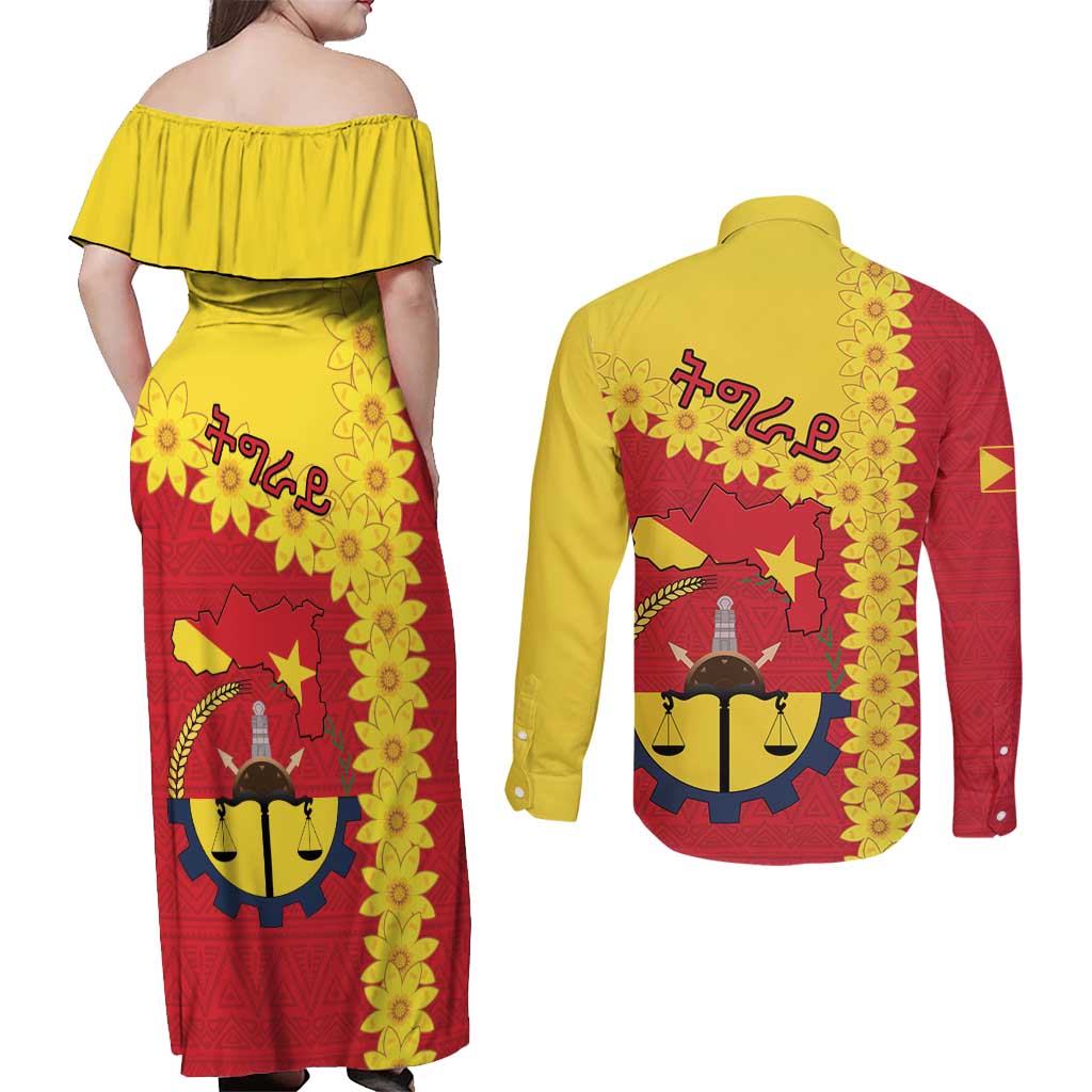Tigray Region Couples Matching Off Shoulder Maxi Dress and Long Sleeve Button Shirt Tigray Emblem With Flag Map
