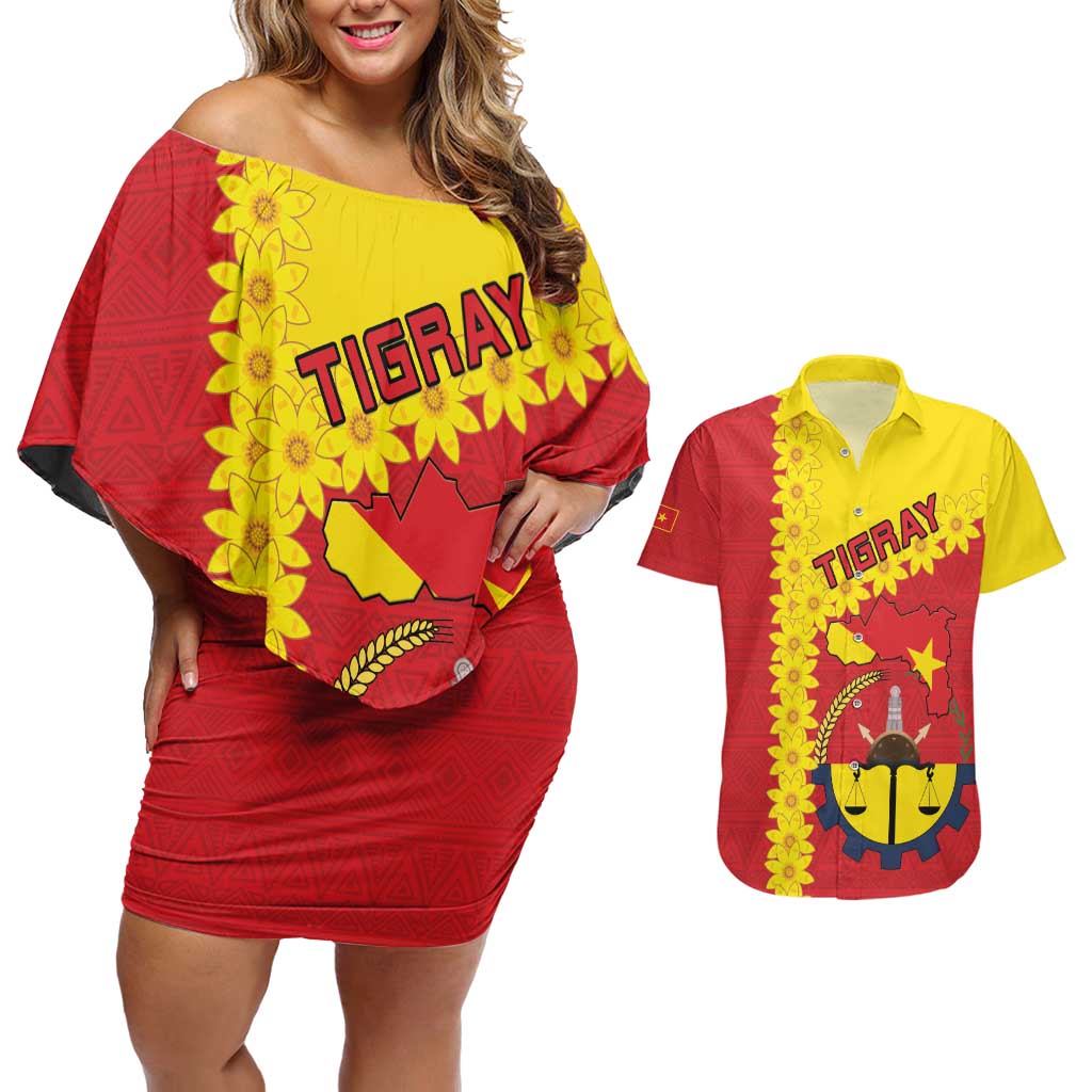 Tigray Region Couples Matching Off Shoulder Short Dress and Hawaiian Shirt Tigray Emblem With Flag Map
