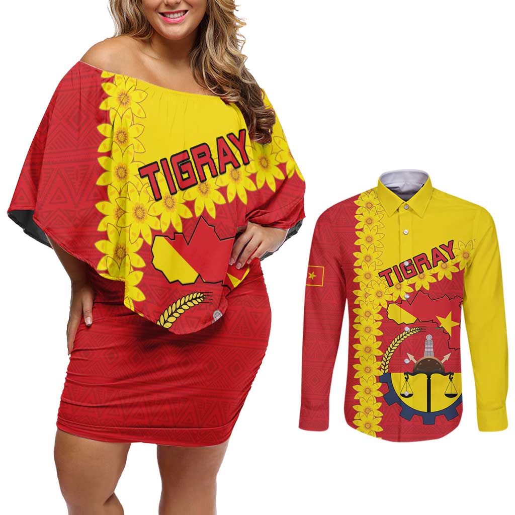 Tigray Region Couples Matching Off Shoulder Short Dress and Long Sleeve Button Shirt Tigray Emblem With Flag Map