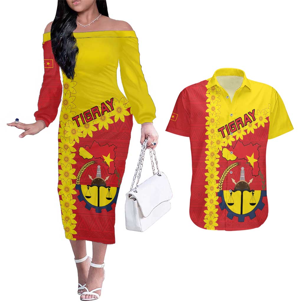 Tigray Region Couples Matching Off The Shoulder Long Sleeve Dress and Hawaiian Shirt Tigray Emblem With Flag Map