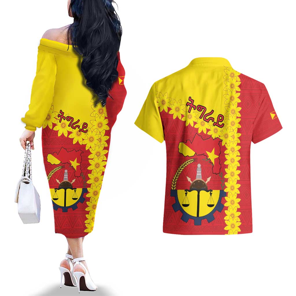 Tigray Region Couples Matching Off The Shoulder Long Sleeve Dress and Hawaiian Shirt Tigray Emblem With Flag Map