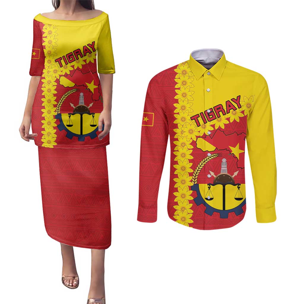Tigray Region Couples Matching Puletasi and Long Sleeve Button Shirt Tigray Emblem With Flag Map