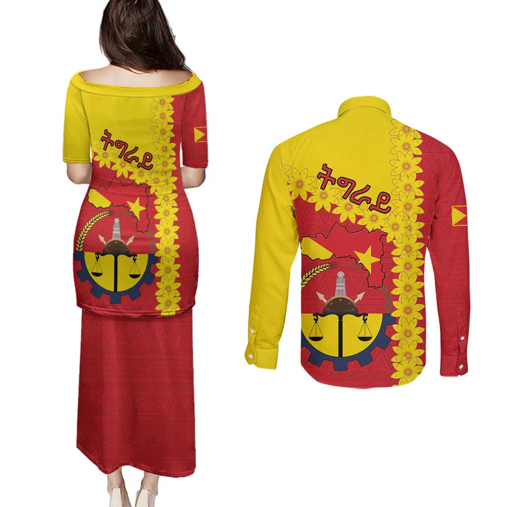 Tigray Region Couples Matching Puletasi and Long Sleeve Button Shirt Tigray Emblem With Flag Map