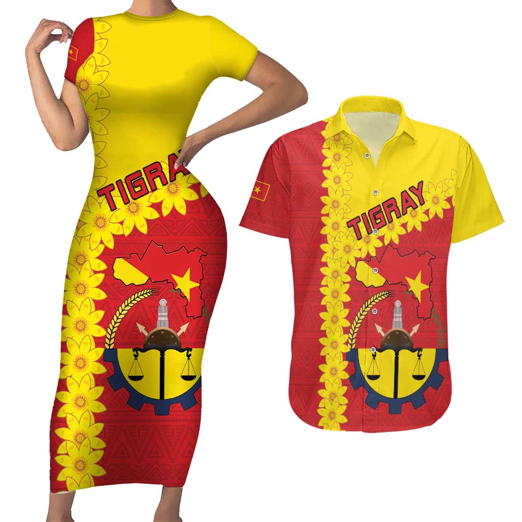 Tigray Region Couples Matching Short Sleeve Bodycon Dress and Hawaiian Shirt Tigray Emblem With Flag Map