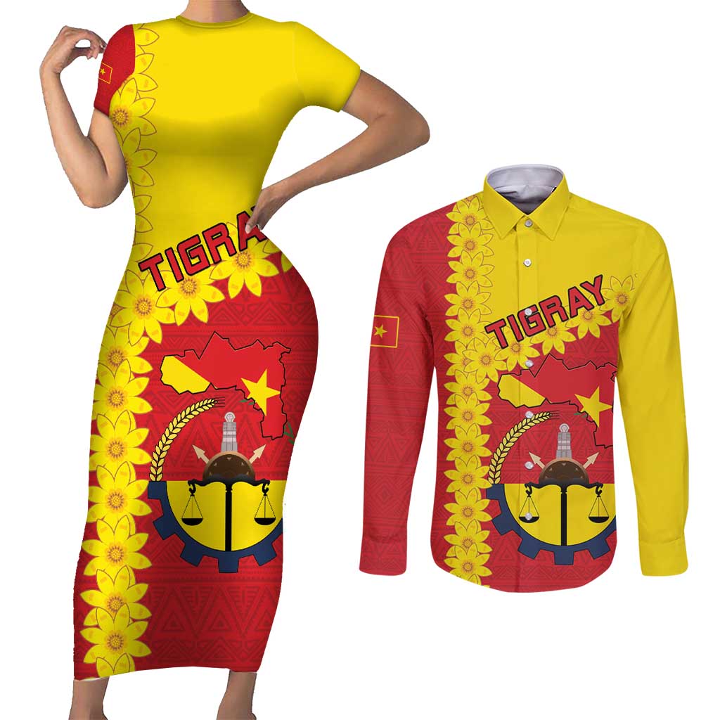 Tigray Region Couples Matching Short Sleeve Bodycon Dress and Long Sleeve Button Shirt Tigray Emblem With Flag Map