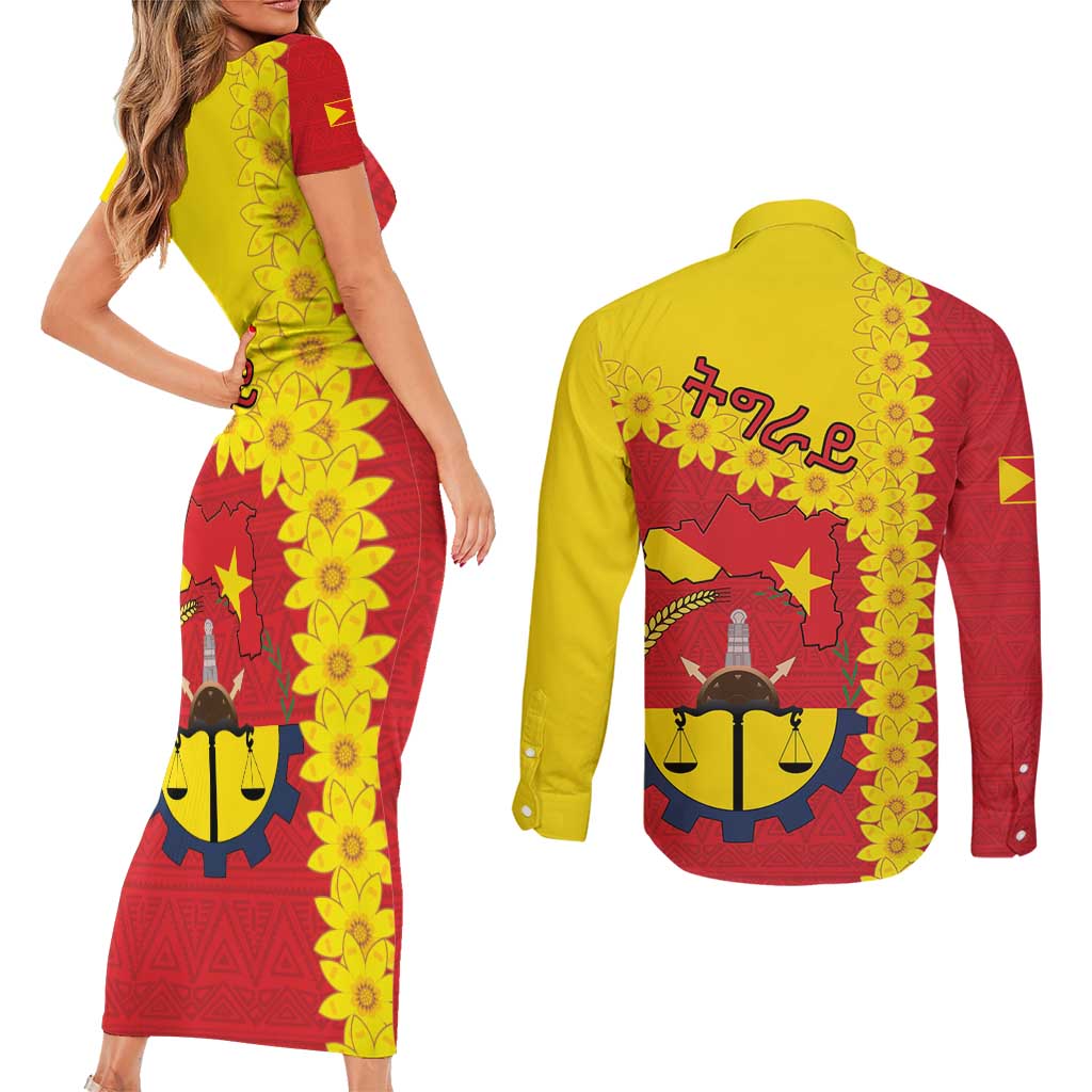 Tigray Region Couples Matching Short Sleeve Bodycon Dress and Long Sleeve Button Shirt Tigray Emblem With Flag Map