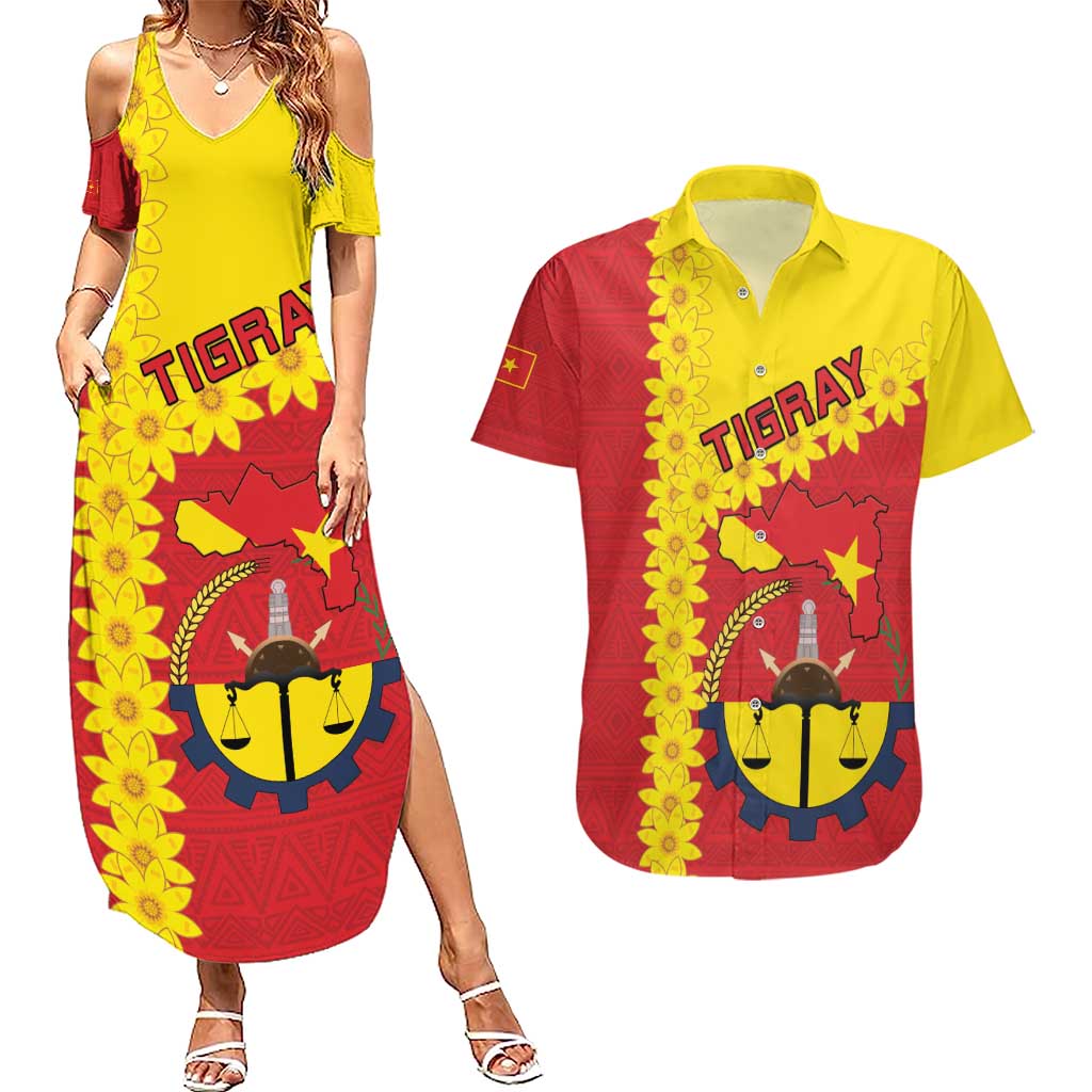 Tigray Region Couples Matching Summer Maxi Dress and Hawaiian Shirt Tigray Emblem With Flag Map