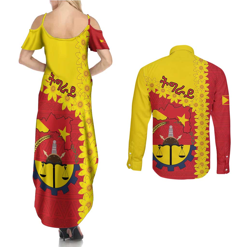 Tigray Region Couples Matching Summer Maxi Dress and Long Sleeve Button Shirt Tigray Emblem With Flag Map