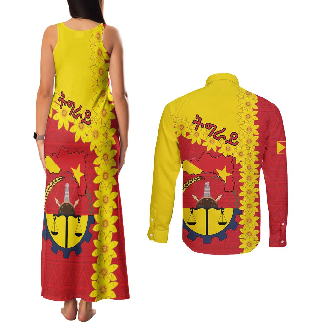Tigray Region Couples Matching Tank Maxi Dress and Long Sleeve Button Shirt Tigray Emblem With Flag Map