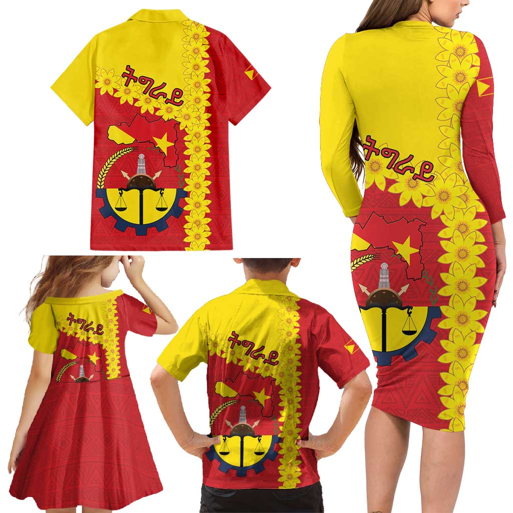 Tigray Region Family Matching Long Sleeve Bodycon Dress and Hawaiian Shirt Tigray Emblem With Flag Map