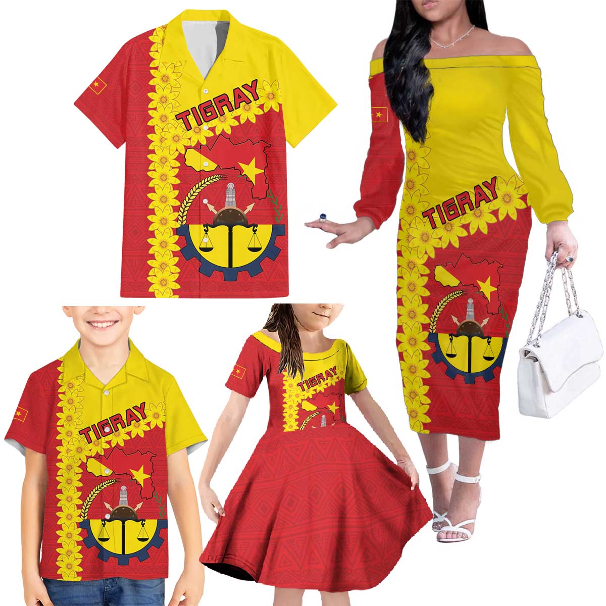 Tigray Region Family Matching Off The Shoulder Long Sleeve Dress and Hawaiian Shirt Tigray Emblem With Flag Map