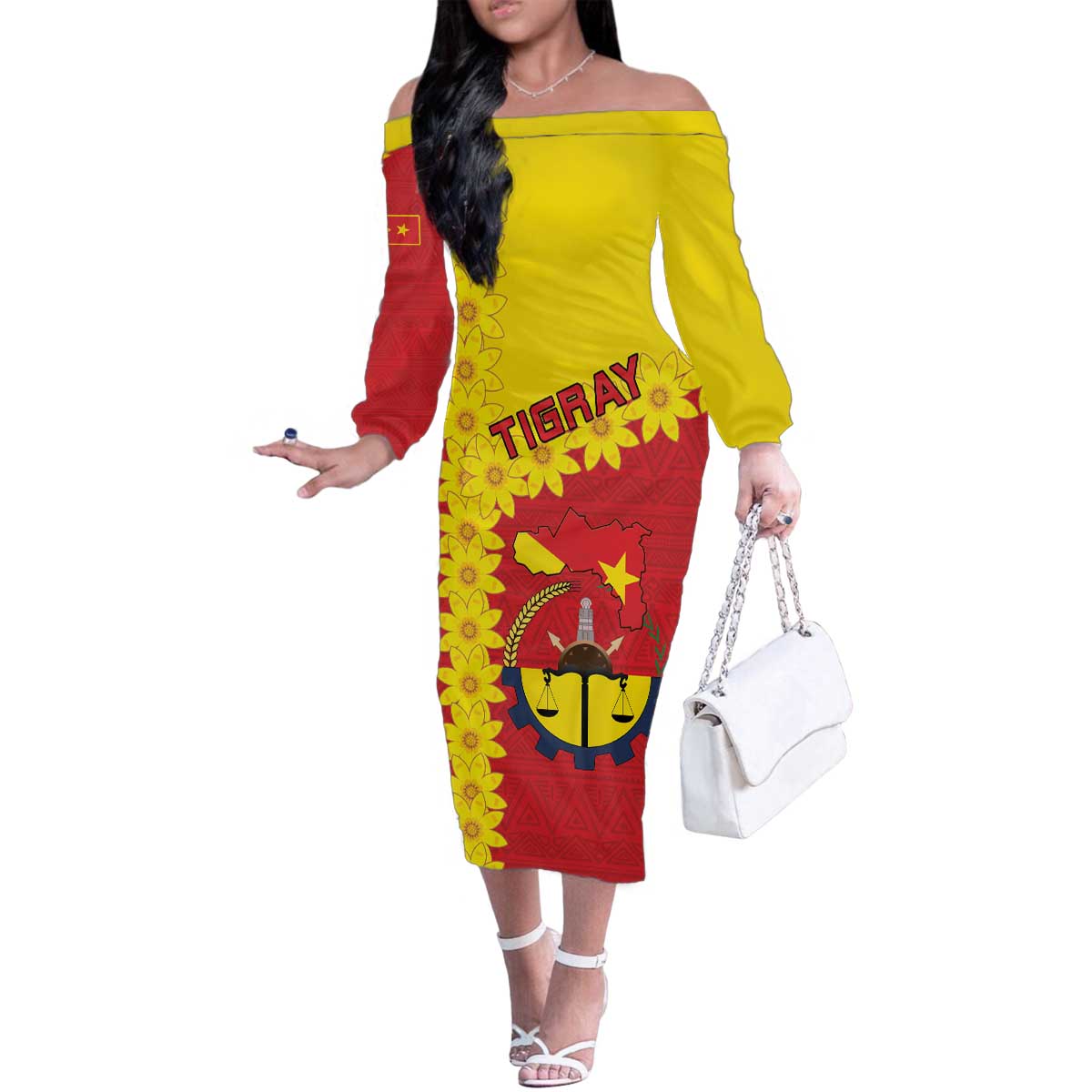 Tigray Region Family Matching Off The Shoulder Long Sleeve Dress and Hawaiian Shirt Tigray Emblem With Flag Map
