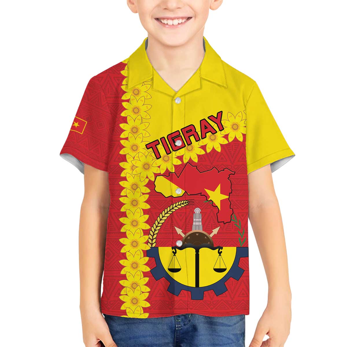 Tigray Region Family Matching Off The Shoulder Long Sleeve Dress and Hawaiian Shirt Tigray Emblem With Flag Map