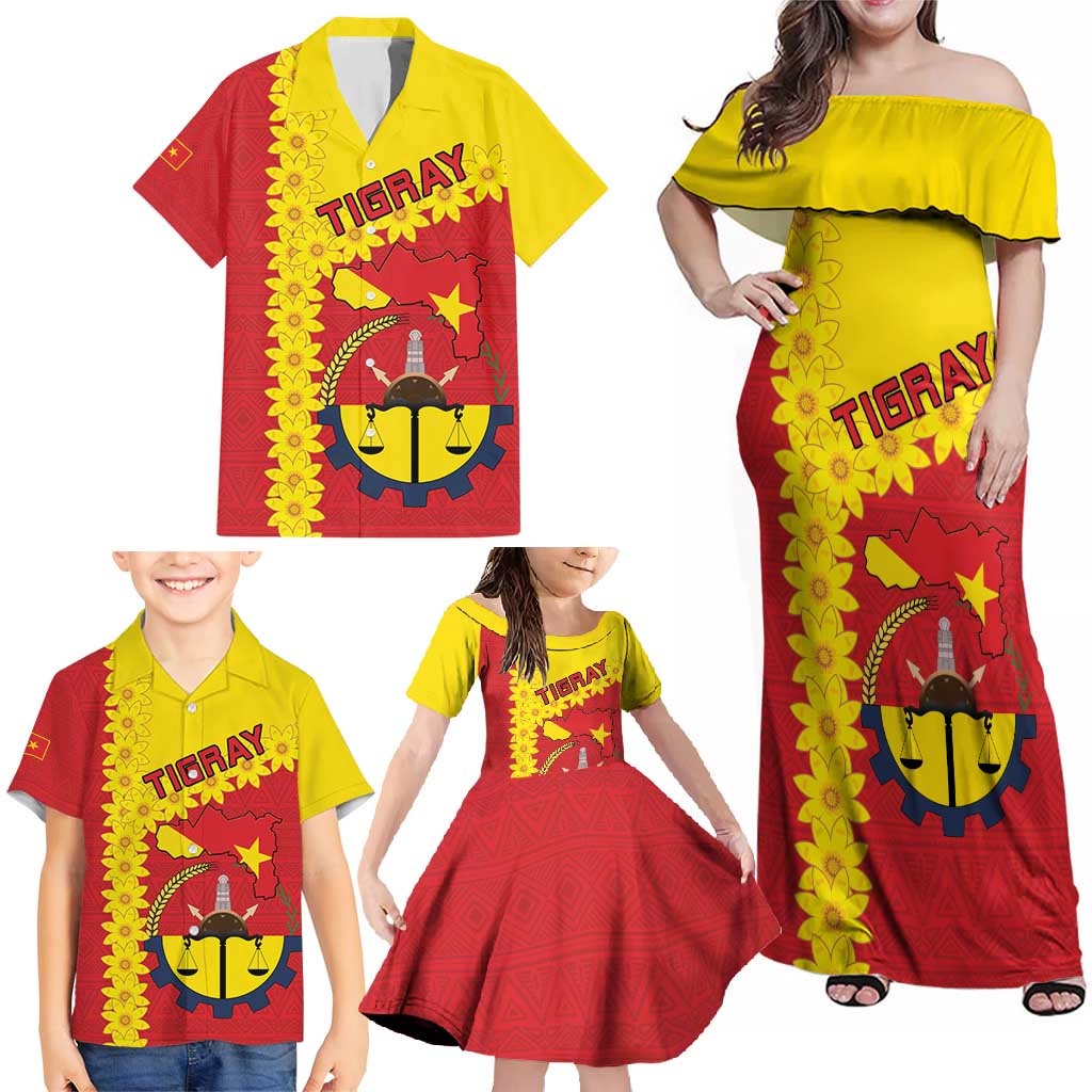 Tigray Region Family Matching Off Shoulder Maxi Dress and Hawaiian Shirt Tigray Emblem With Flag Map