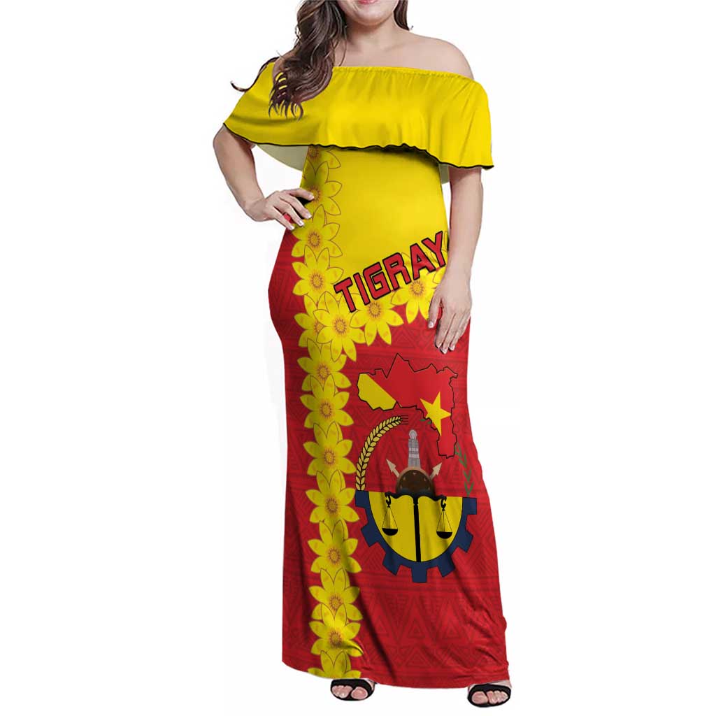 Tigray Region Family Matching Off Shoulder Maxi Dress and Hawaiian Shirt Tigray Emblem With Flag Map
