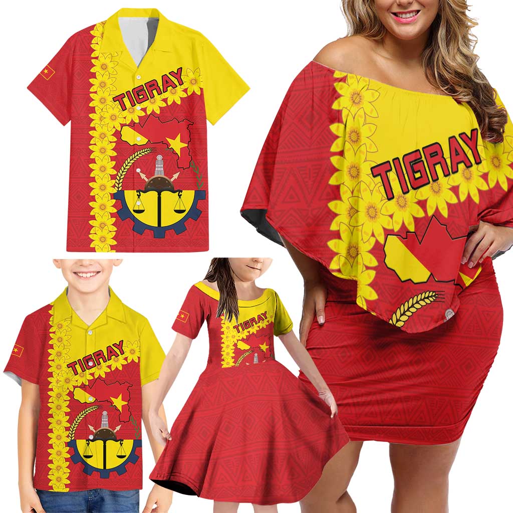 Tigray Region Family Matching Off Shoulder Short Dress and Hawaiian Shirt Tigray Emblem With Flag Map