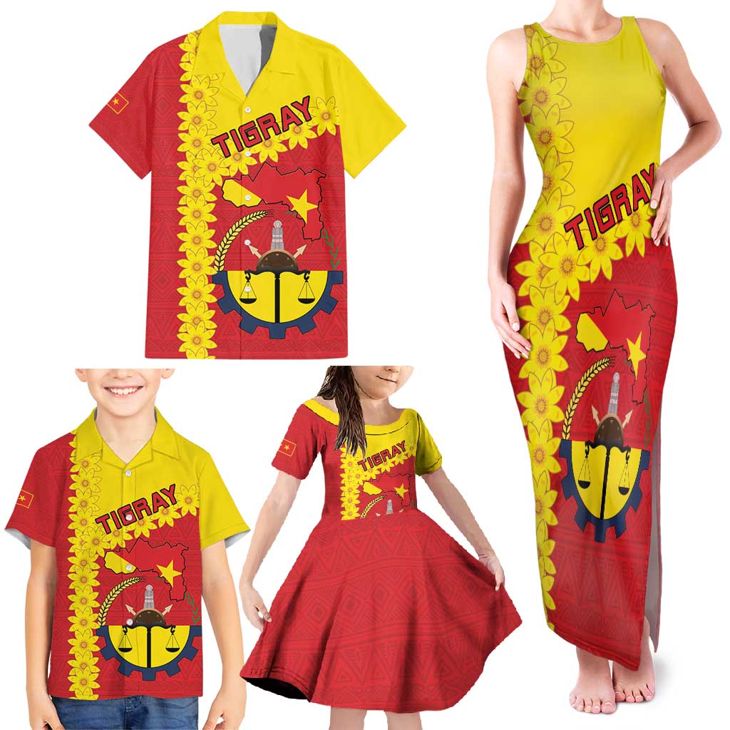 Tigray Region Family Matching Tank Maxi Dress and Hawaiian Shirt Tigray Emblem With Flag Map