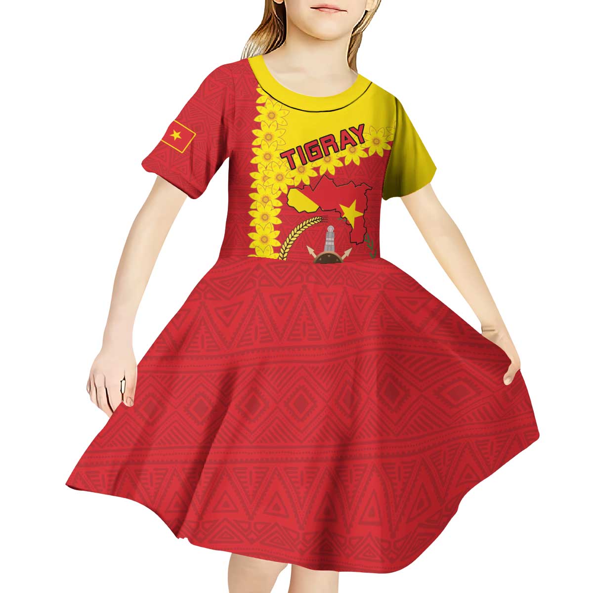 Tigray Region Kid Short Sleeve Dress Tigray Emblem With Flag Map