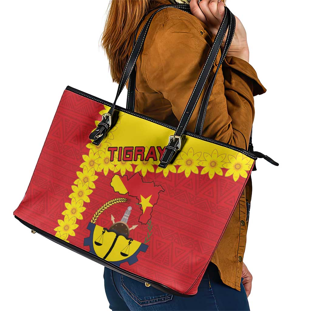 Tigray Region Leather Tote Bag Tigray Emblem With Flag Map
