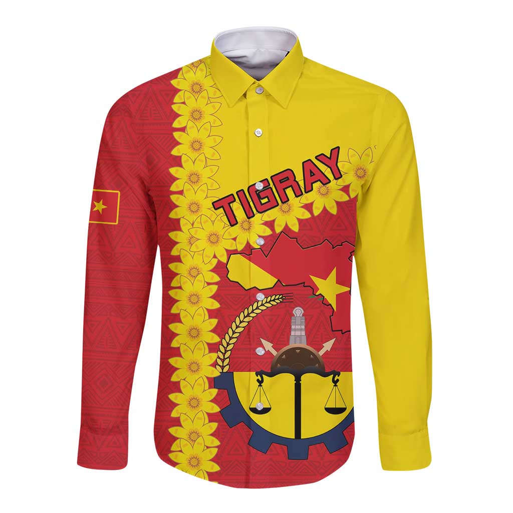 Tigray Region Long Sleeve Button Shirt Tigray Emblem With Flag Map