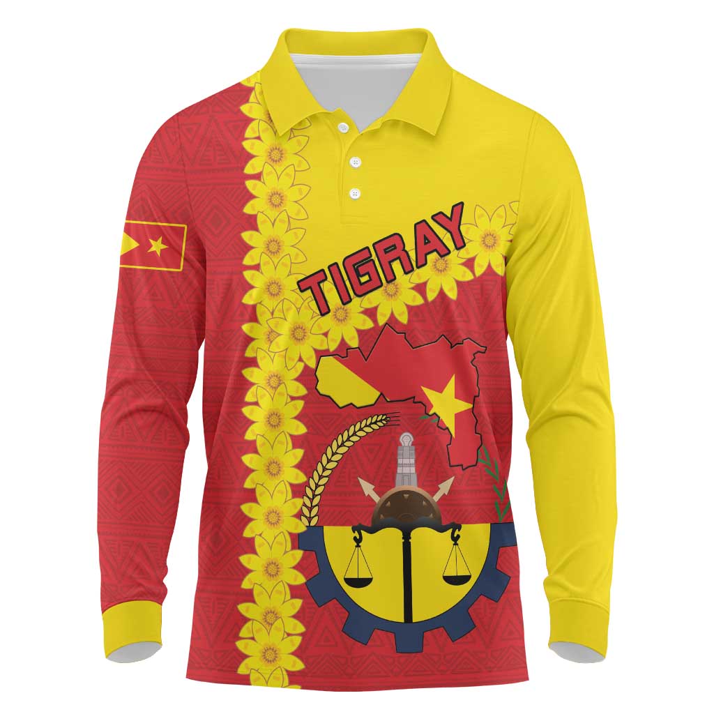 Tigray Region Long Sleeve Polo Shirt Tigray Emblem With Flag Map